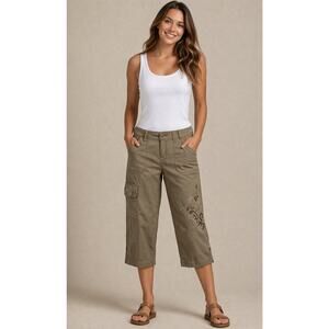 Cache Crop Cargo Pant Rhinestone Stud Adjustable Length Embellished NWT $98 Sz 4